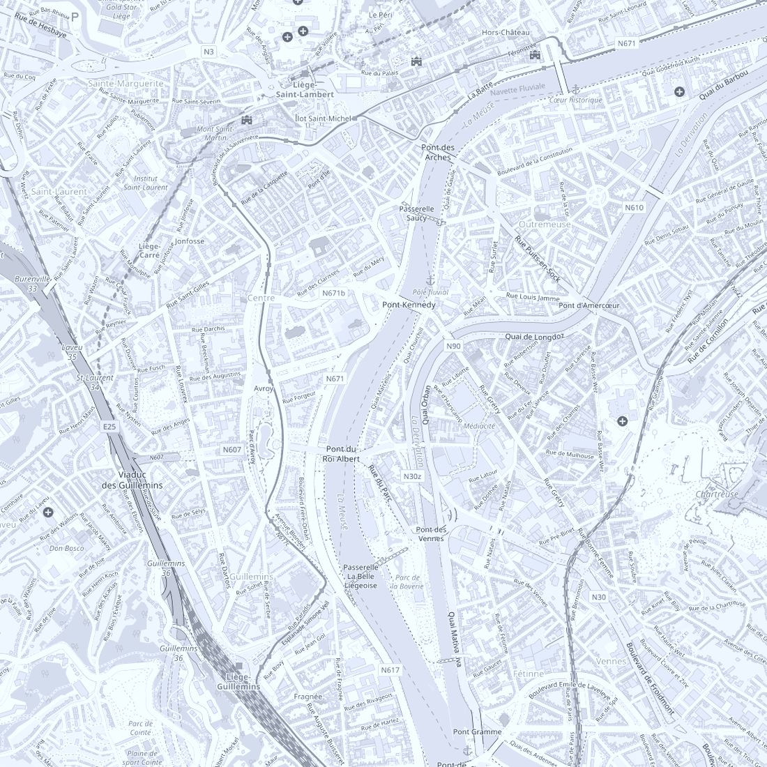 Plan du quartier : la résidence rue des Vennes, le parc de la Boverie, Médiacité, la gare des Guillemins et la place Saint-Lambert.