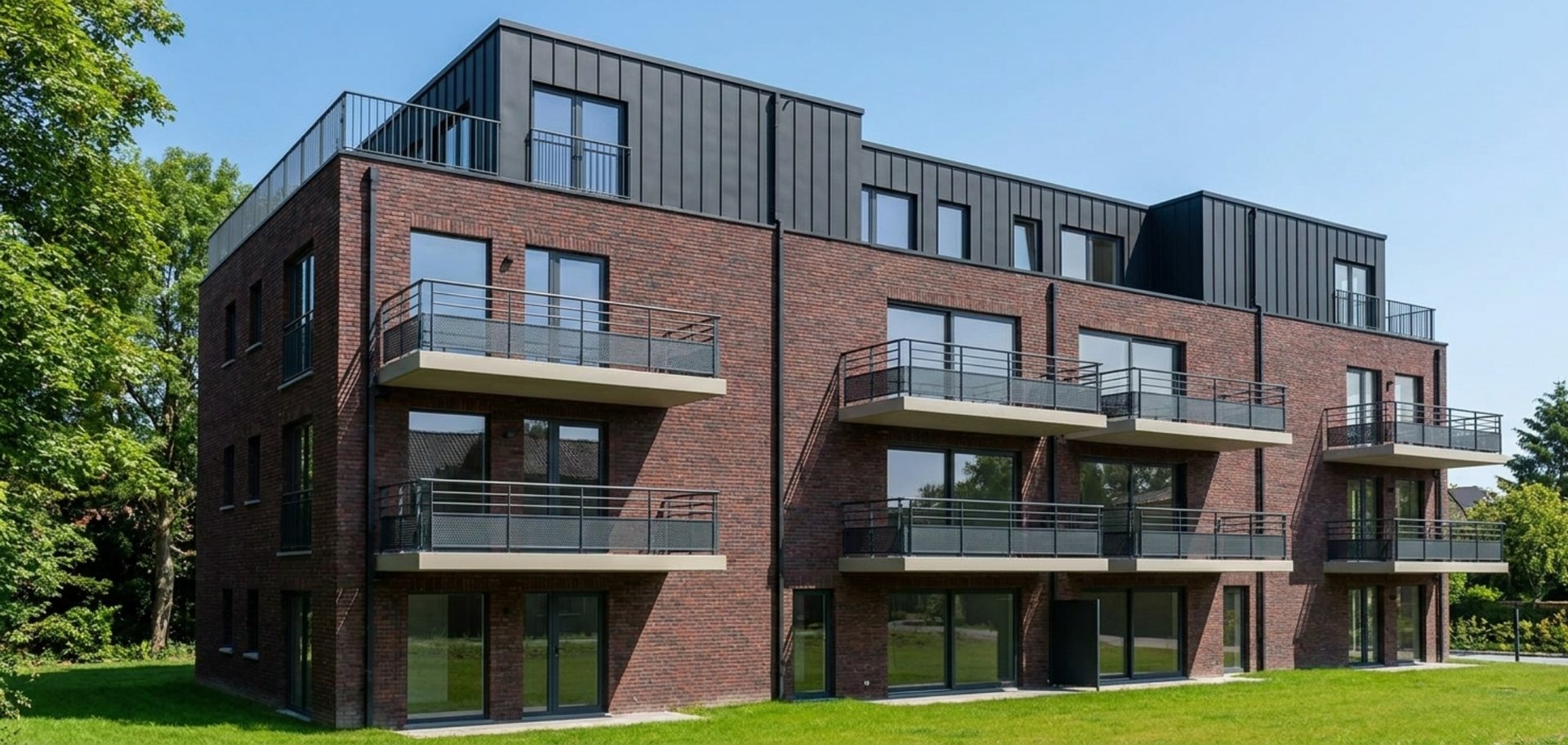 Vennes 65 vu du jardin, avec ses balcons et ses baies vitrées