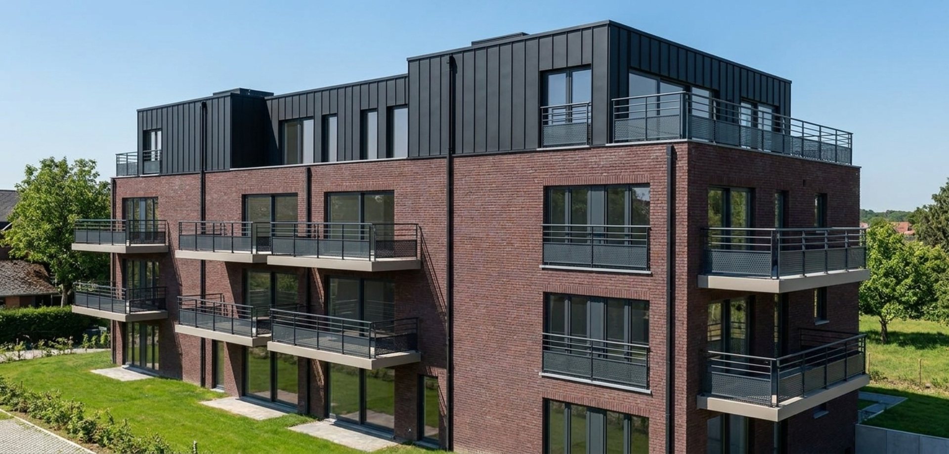 Vennes 65 à Liège, façade en brique et balcons