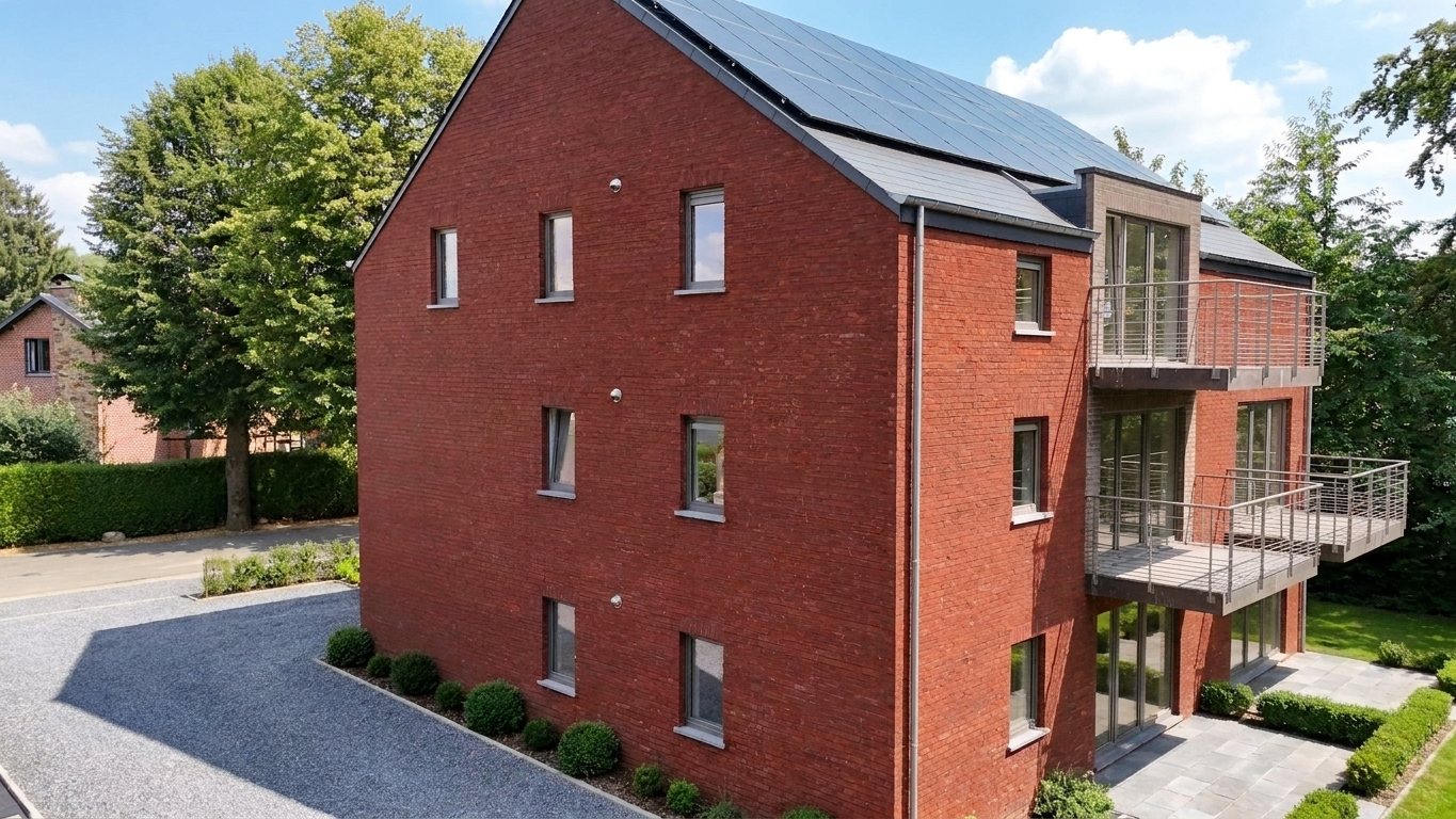 La Vieille Cense côté jardin : terrasses, balcons et toiture photovoltaïque